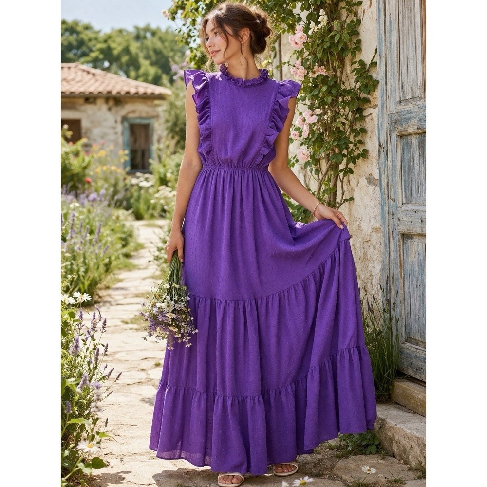 Boho Swiss Dot Ruffle Tiered Maxi Dress Womens Purple Sleeveless Cottagecore